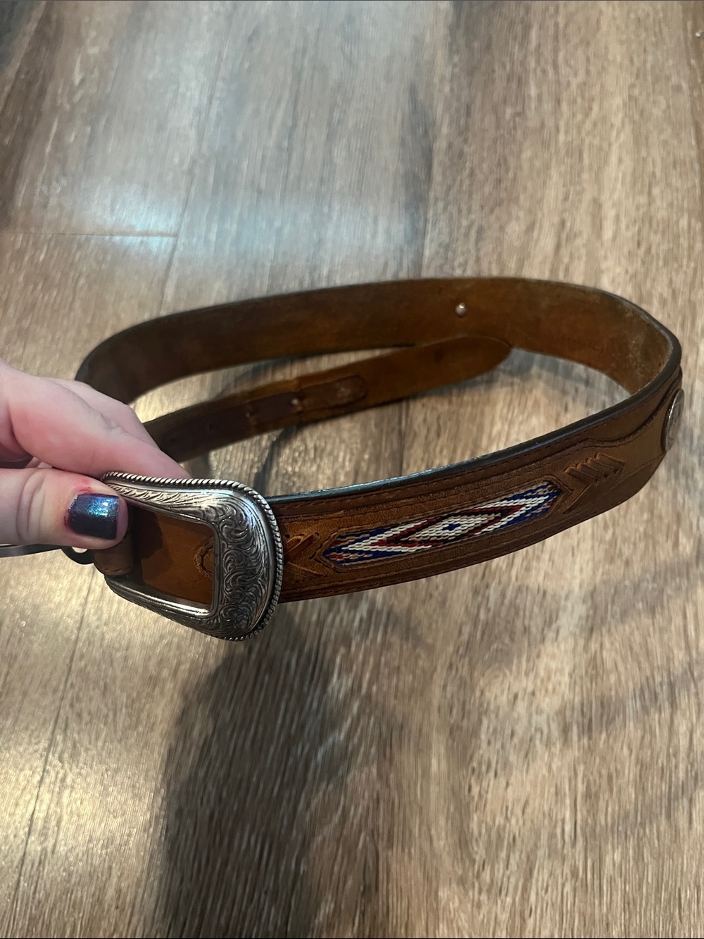 Orvis Brown Leather Belt with Silver-Tone Engraved Buckle and Woven Accent